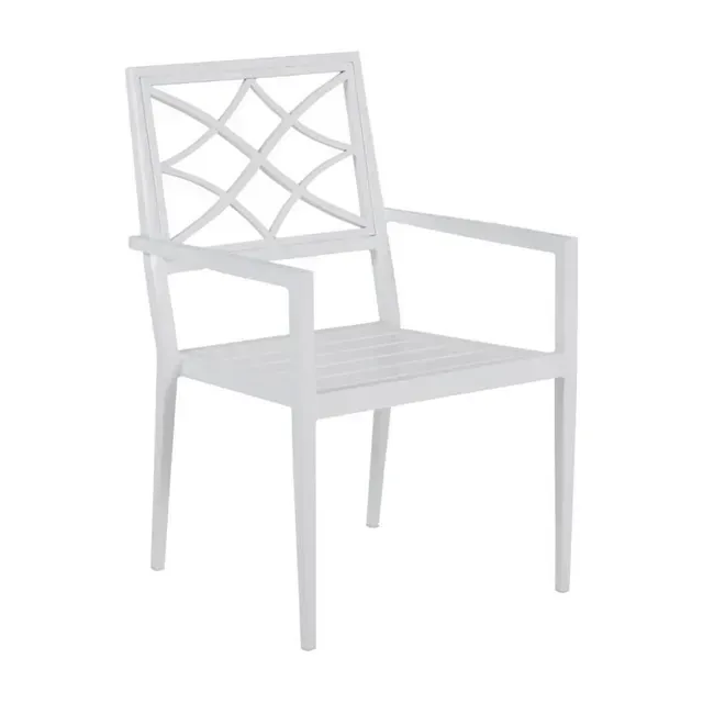 White plastic outdoor dining chair with lattice back and armrests.