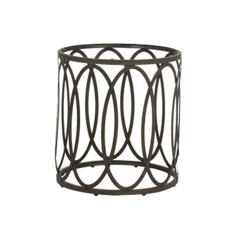 Bronze-colored metal side table with oval lattice design. Cylindrical shape.