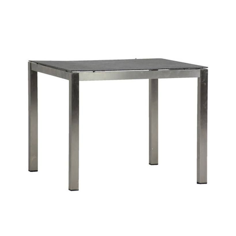 Square outdoor table with a dark top and silver legs.