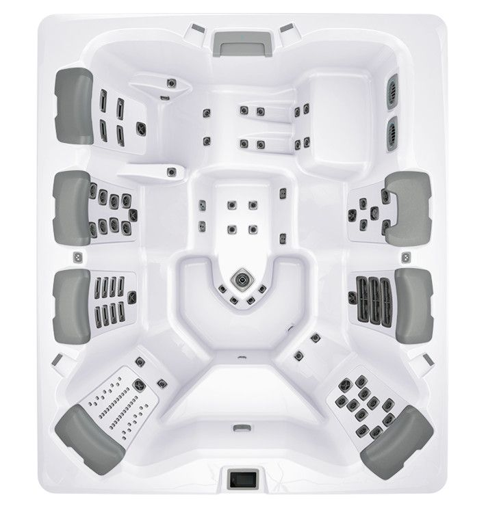 Overhead view of a white hot tub with multiple seating areas and gray headrests.