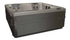 A rectangular hot tub with dark gray exterior and light gray interior.