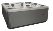 Gray and white hot tub with multiple jet controls.