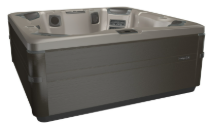 A modern, square hot tub with dark gray siding and a lighter top, ready for use outdoors.