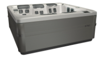 Gray and beige hot tub, rectangular shape, with several seat positions and control panel.