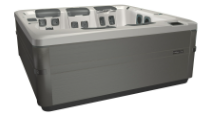 Gray and beige hot tub with integrated seats, jets, and control panel, set outside.