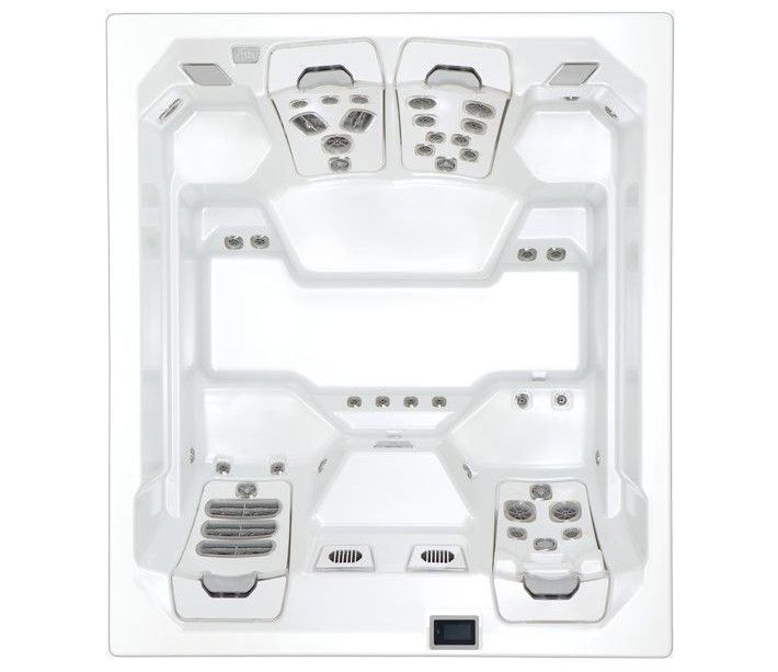 Top-down view of a white hot tub with various seating areas, jets, and control panels.