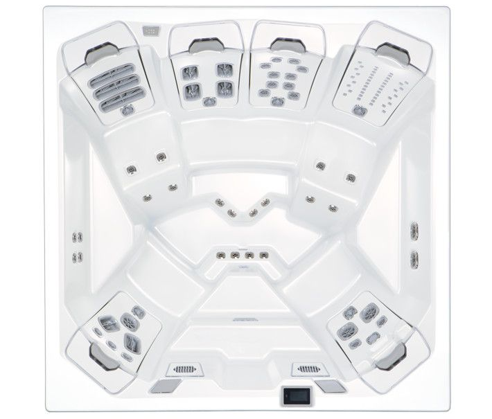 Top-down view of a white hot tub with contoured seating for multiple users, jets, and control panel.