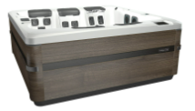 Hot tub with a dark brown cabinet and white interior, control panels visible.