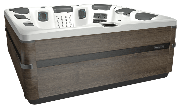 A modern, rectangular hot tub with wood-look siding, white interior, and gray headrests.