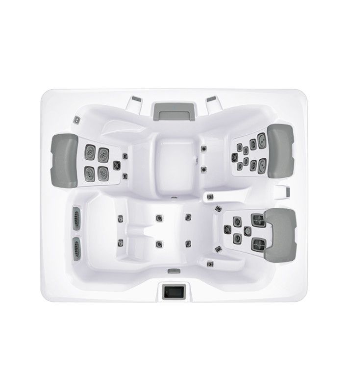 Overhead view of a white hot tub with gray seating areas and control panels.