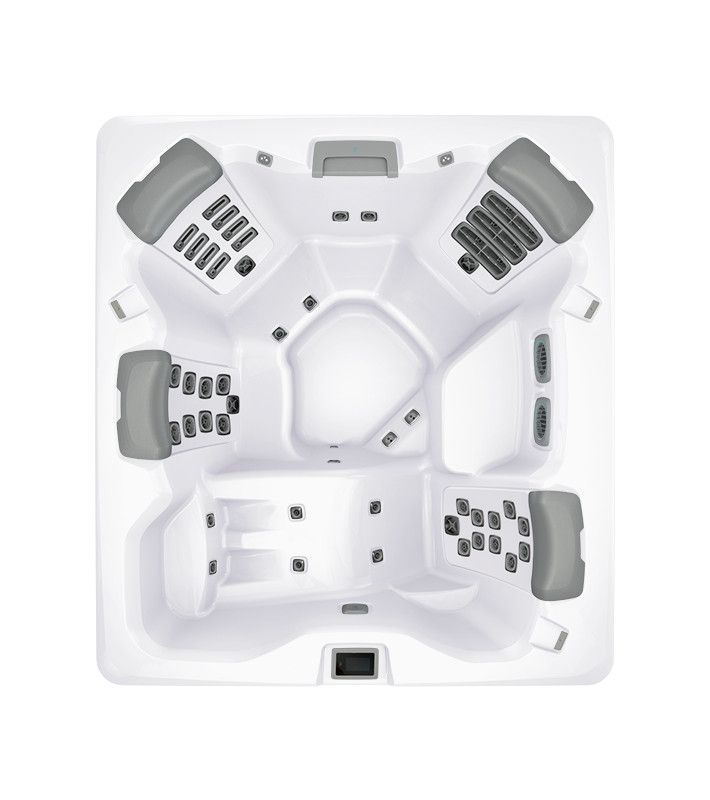 Overhead view of a white hot tub with six gray headrests and multiple jet configurations.