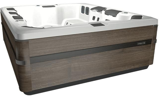 Hot tub with wood-grain siding and a white interior, ready for use.