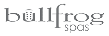 Bullfrog Spas logo in gray with stylized 