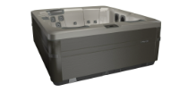 A gray square hot tub, against a white background, with controls and seating visible.