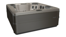 Dark gray square hot tub with light gray trim.