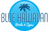 Blue Hawaiian Pools & Spas logo: blue circle with a palm tree silhouette and text.