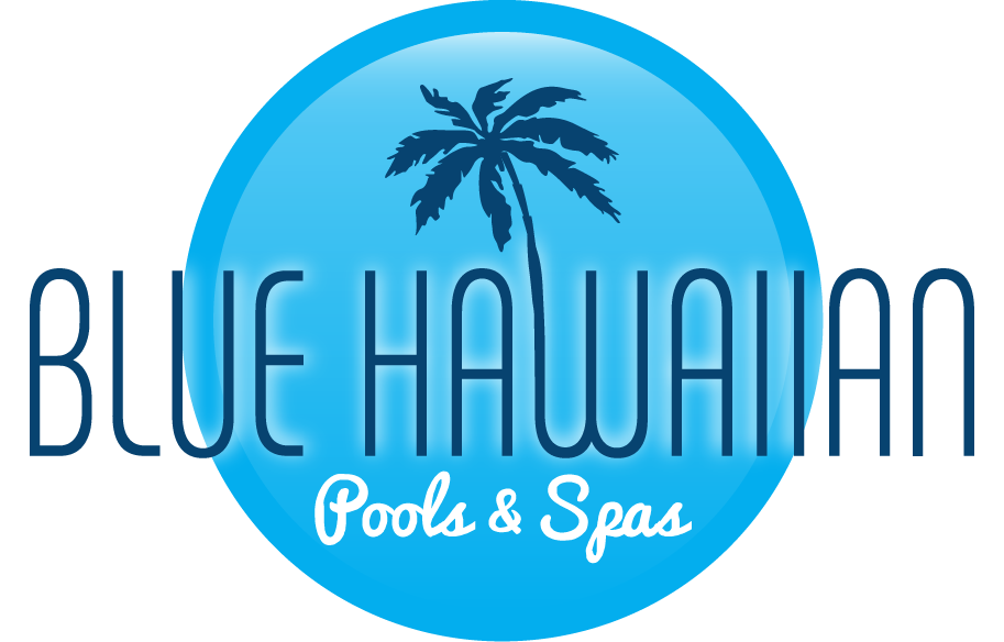Blue Hawaiian Pools & Spas logo: blue circle with a palm tree silhouette and text.