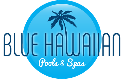 Blue Hawaiian Pools & Spas logo: blue circle with a palm tree silhouette and text.