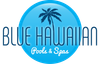 Blue Hawaiian Pools & Spas logo: blue circle with a palm tree silhouette and text.