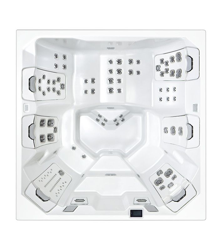 Overhead view of a white hot tub with multiple jet sections and seating.