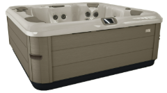Tan and brown square hot tub with jets and control panel.