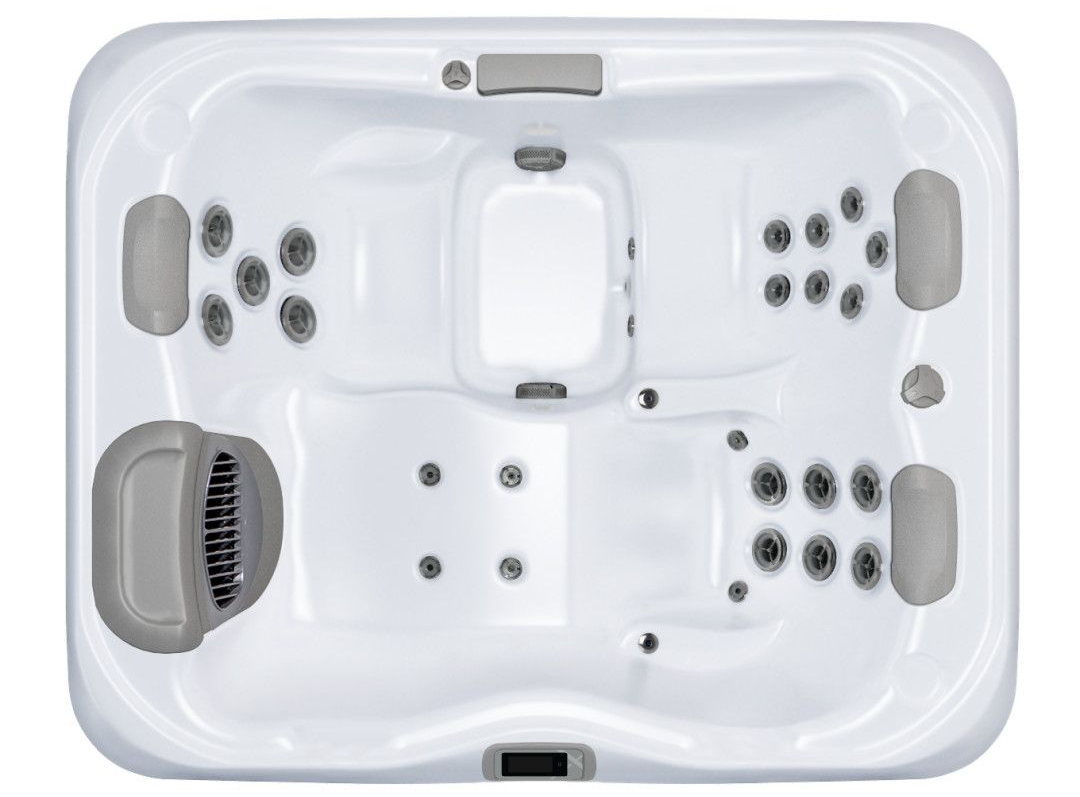 Overhead view of a white hot tub with various seating areas and gray headrests and jets.