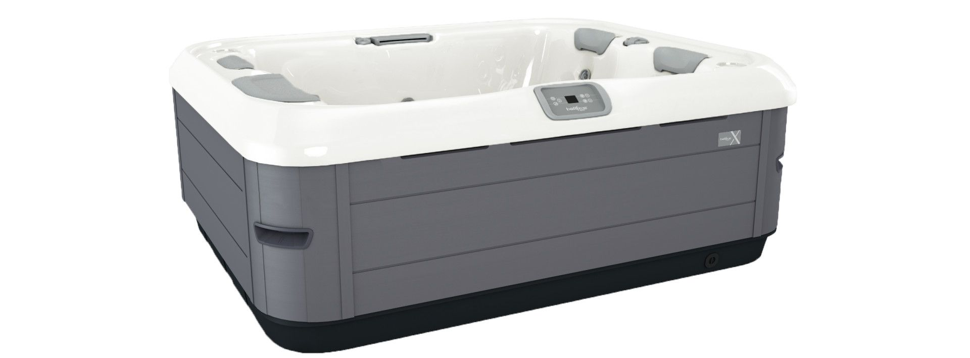 A rectangular gray hot tub with a white rim and interior, on a white background.