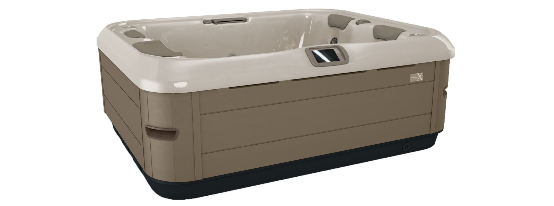 A rectangular hot tub with a light tan interior and a brown exterior, set on a black base.