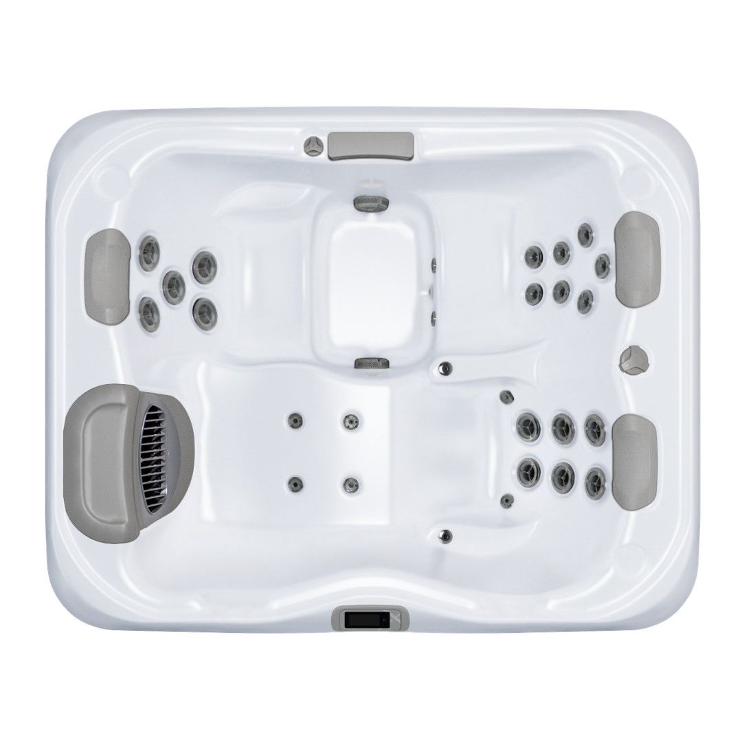 White rectangular hot tub with gray headrests, multiple jets, and seating for several people.