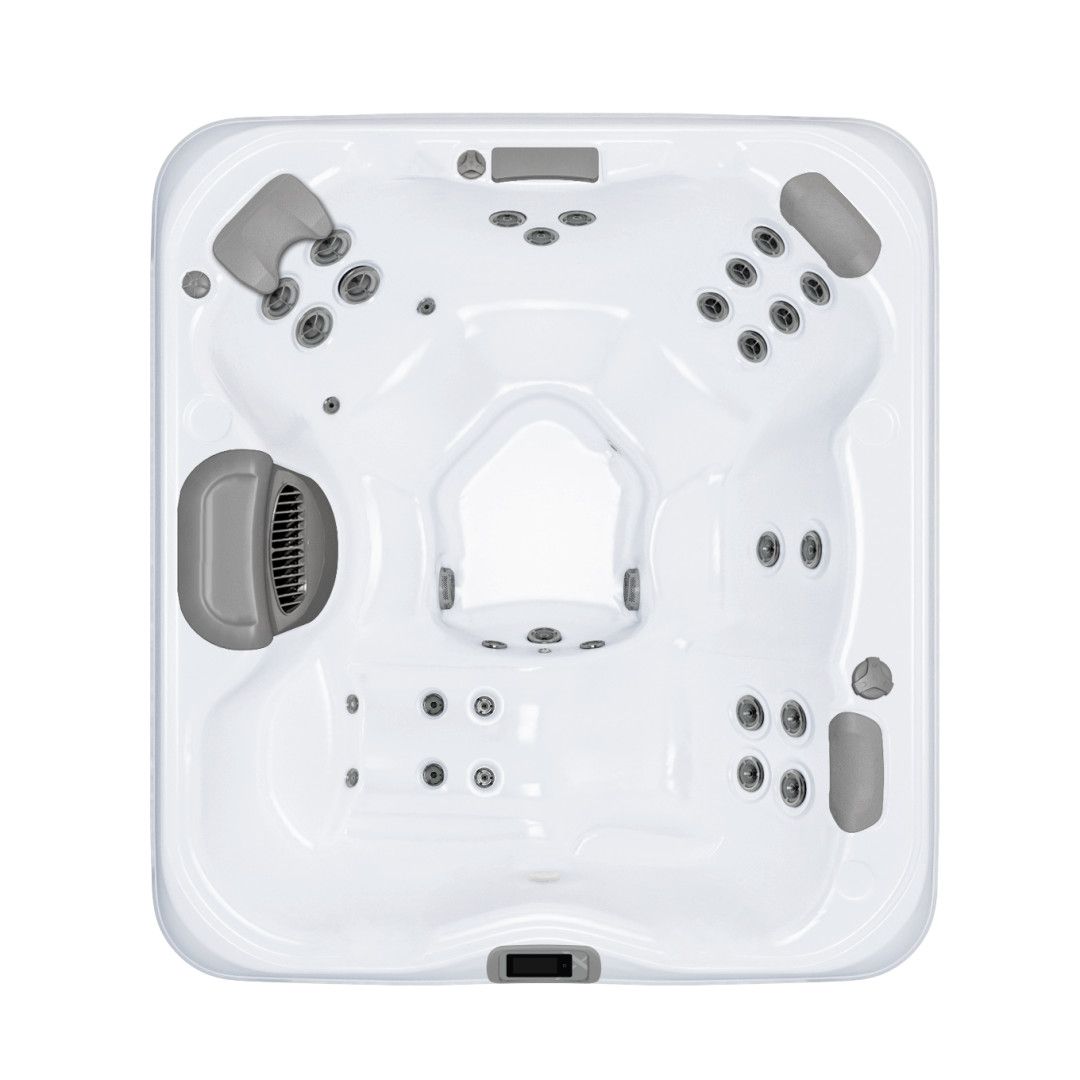 Overhead view of a white square hot tub with gray jets, seats, and controls.