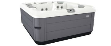 A gray hot tub with white trim, seen from a slight angle.