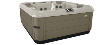 A rectangular hot tub with a tan exterior and light beige interior, set against a white background.