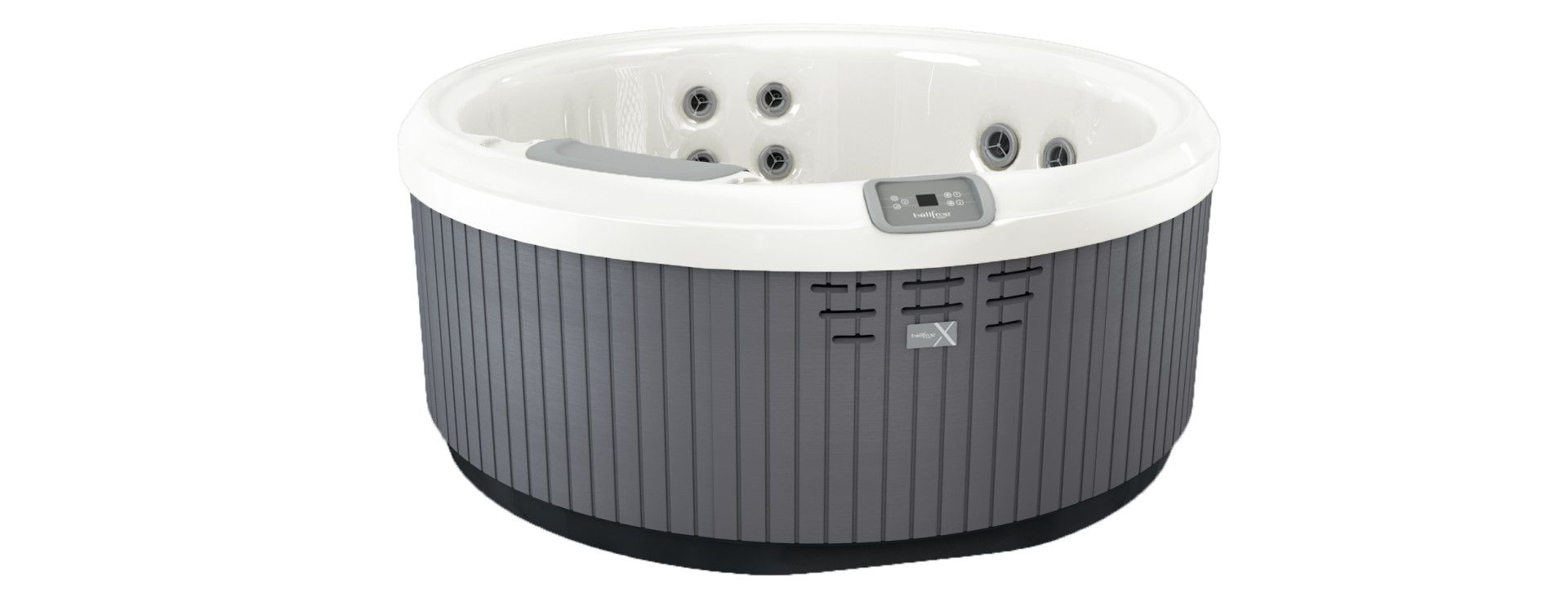 Round hot tub with gray exterior and white interior.
