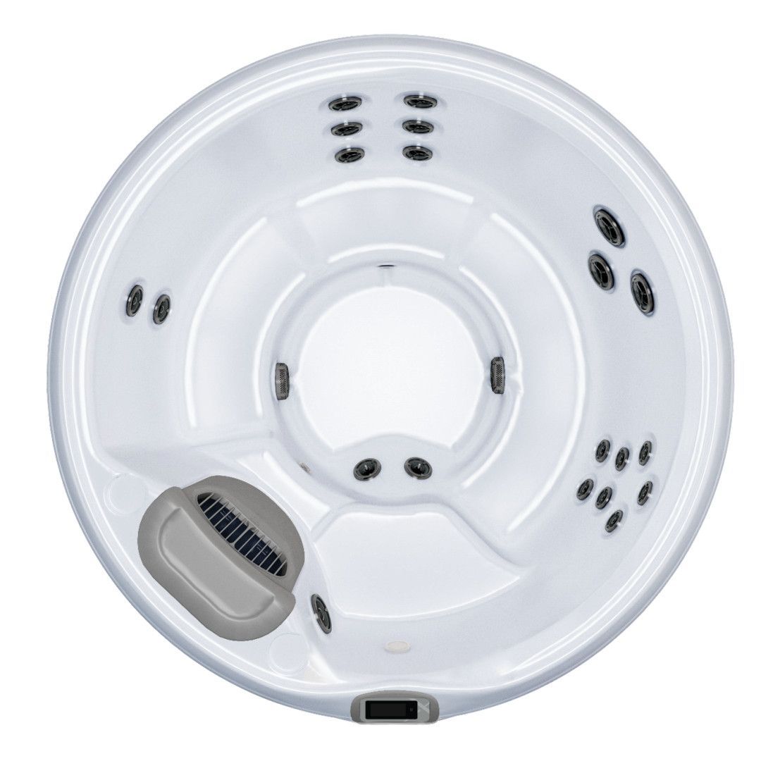 Overhead view of a white circular hot tub with black jets and a gray control panel.