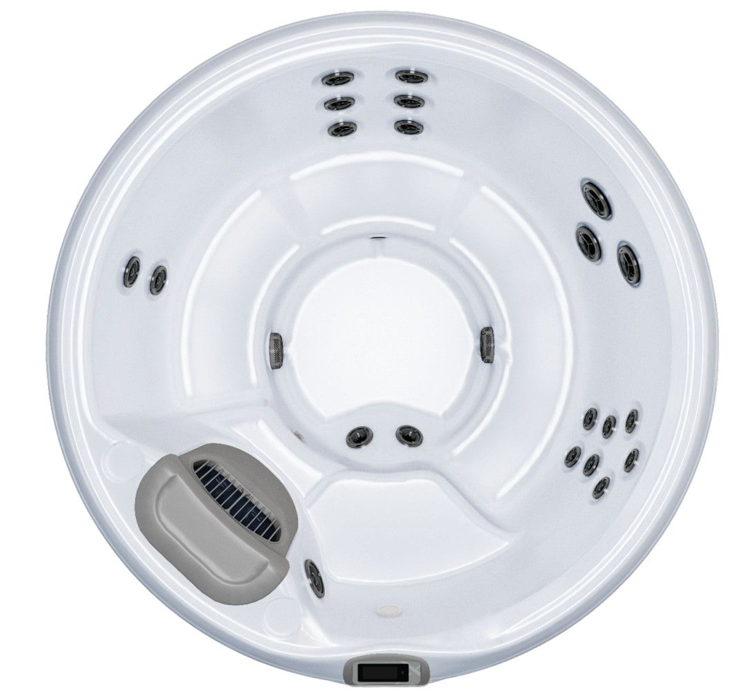 White hot tub with multiple jets and a circular interior.