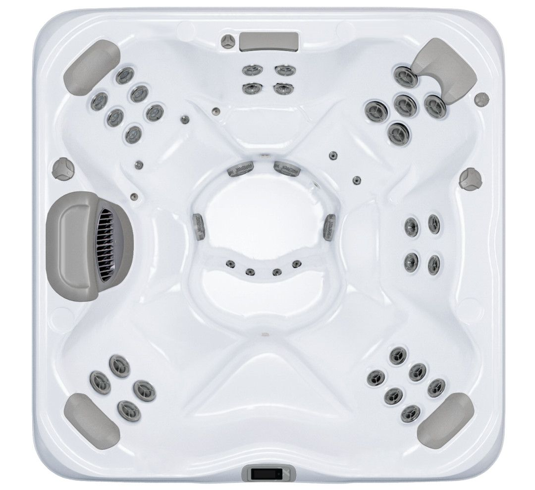 White square hot tub with several seats, jets, and gray headrests.