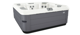 A gray and white hot tub with jets, a control panel, and a black base.