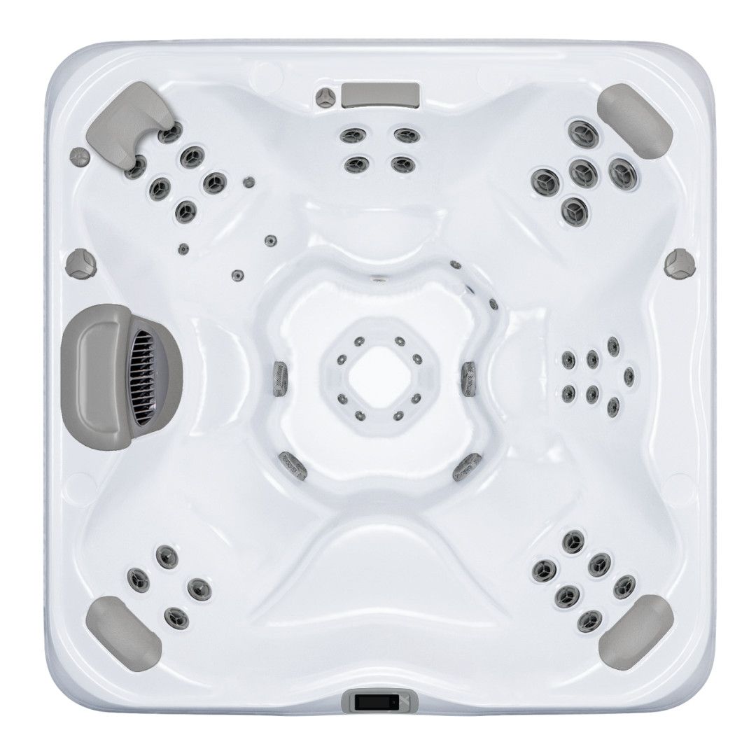 White square hot tub with multiple jets, seats, and headrests.