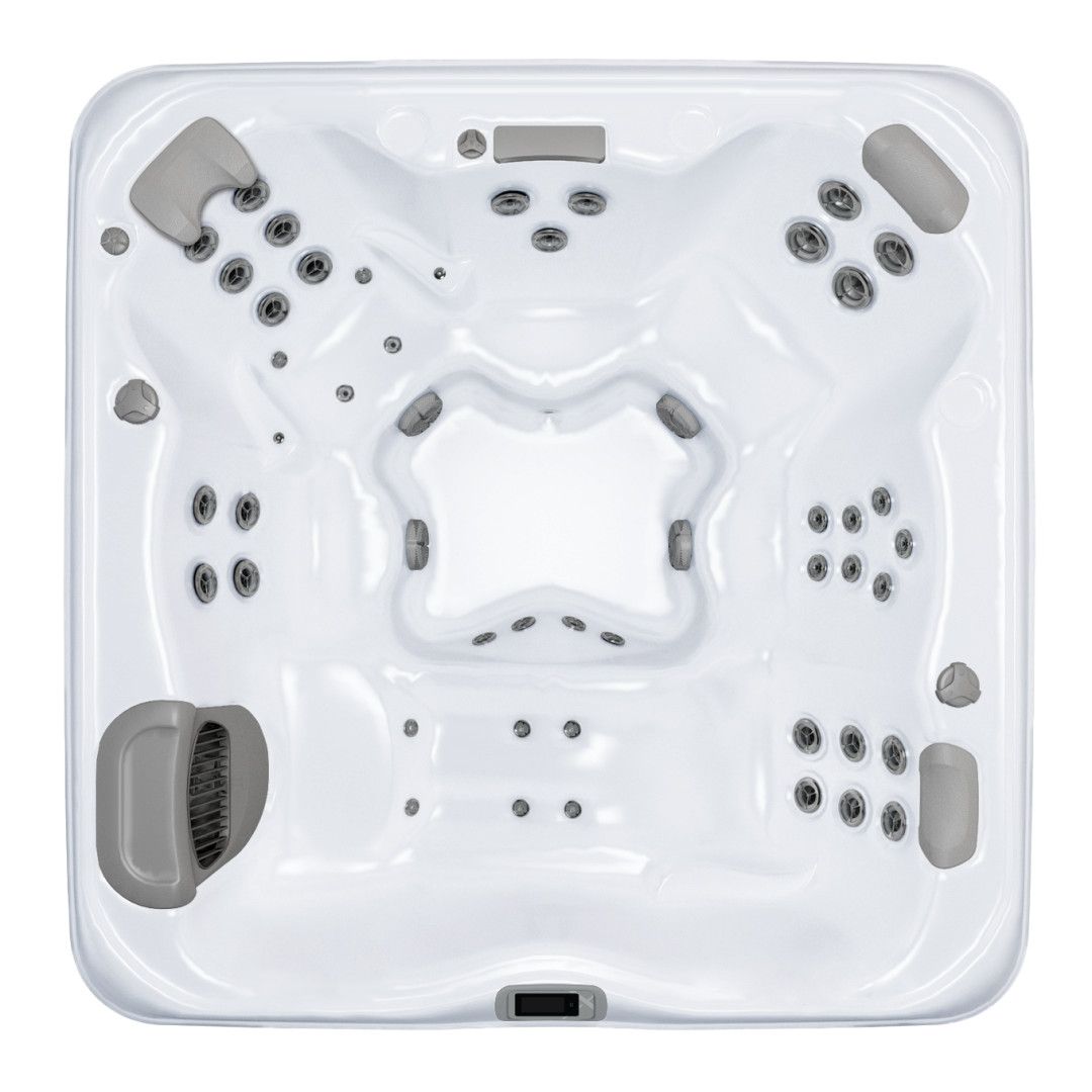 Overhead view of a white square hot tub with gray headrests and multiple jet nozzles.