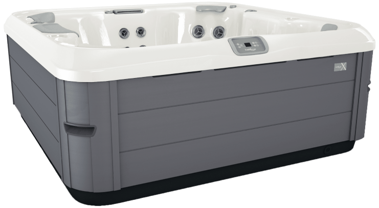 Gray and white hot tub with jets and control panel.
