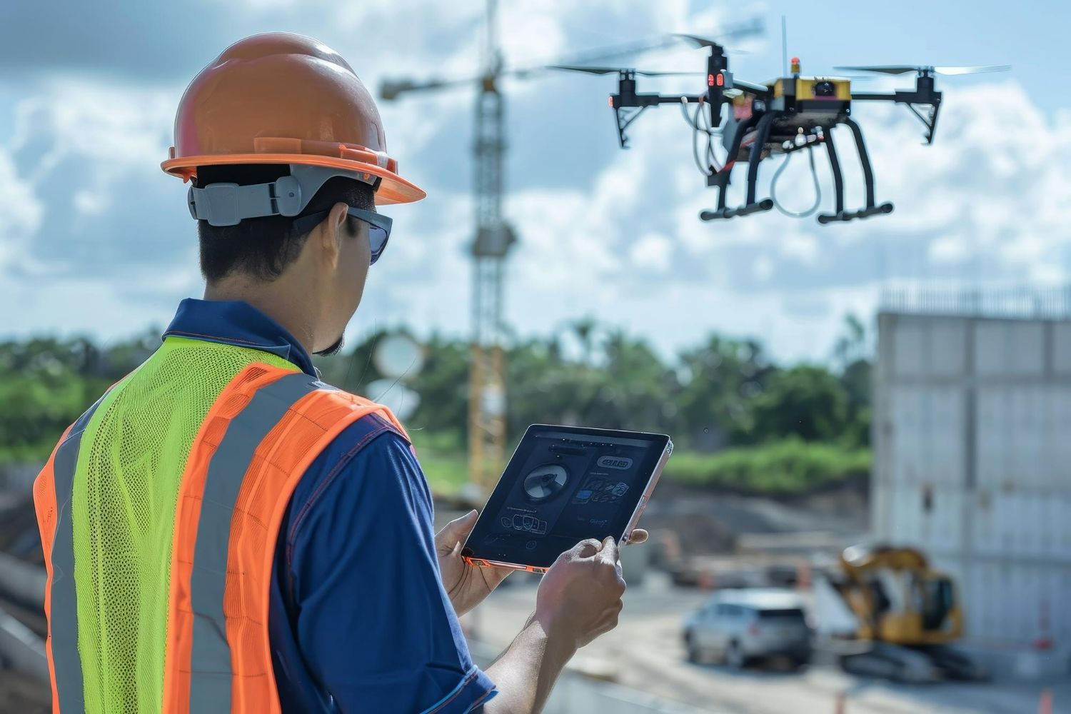 A construction worker is using a tablet to control a drone on a construction site.