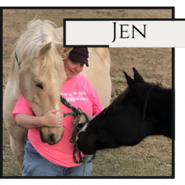 Person in a pink shirt with two horses, labeled “JEN”