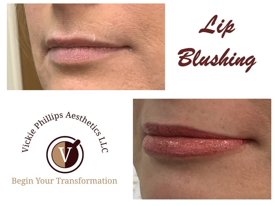 A woman 's lips are shown before and after lip blushing