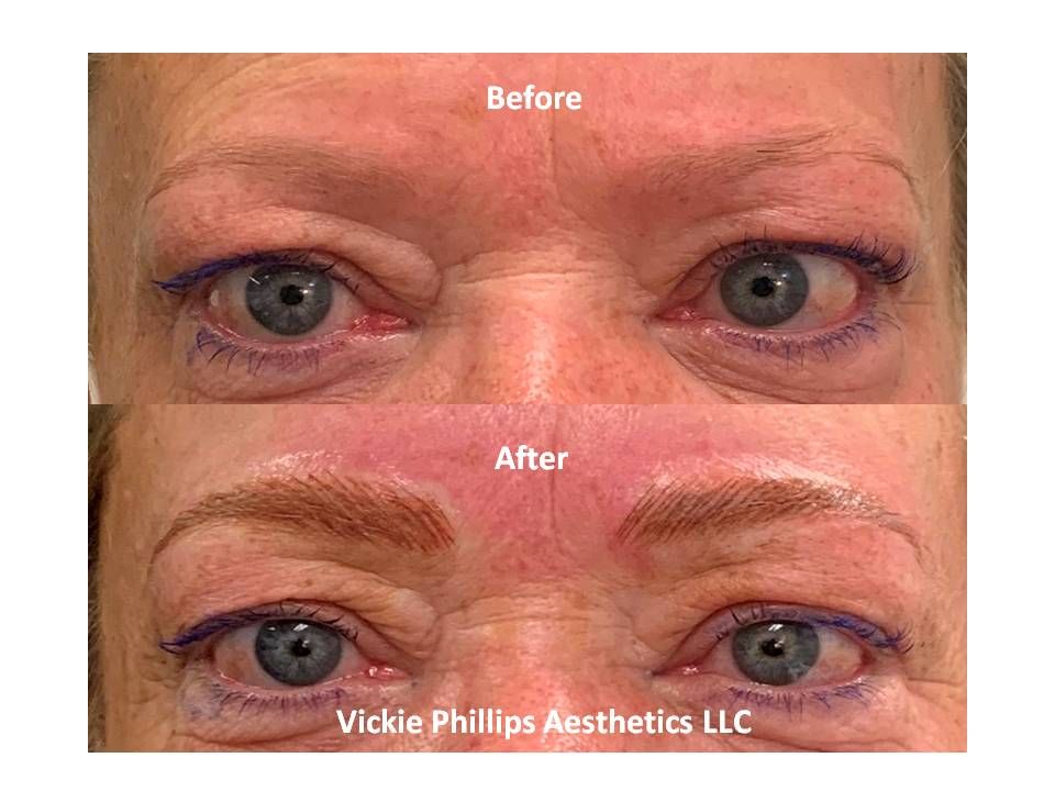 A before and after picture of microblading of a woman 's eyebrows