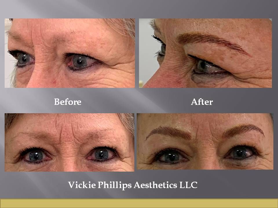 A before and after picture of microblading of a woman 's eyebrows
