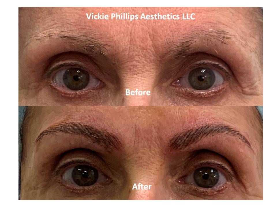 A before and after picture of microblading of a woman 's eyebrows