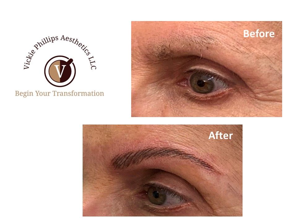A before and after picture of microblading of a woman 's eyebrows