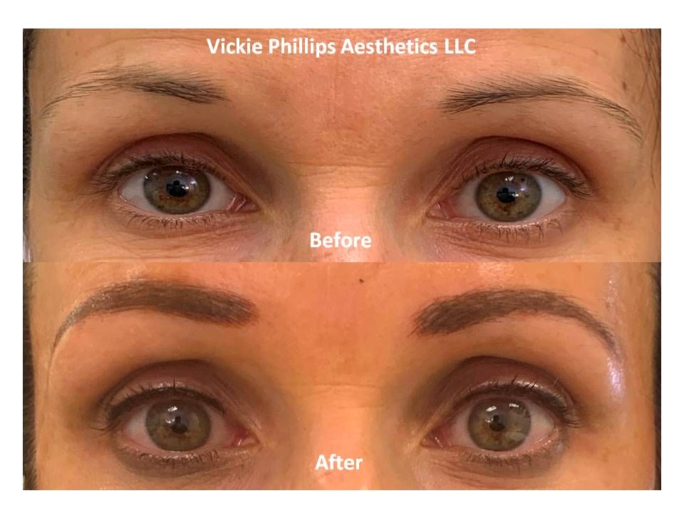 A before and after picture of microblading of a woman 's eyebrows