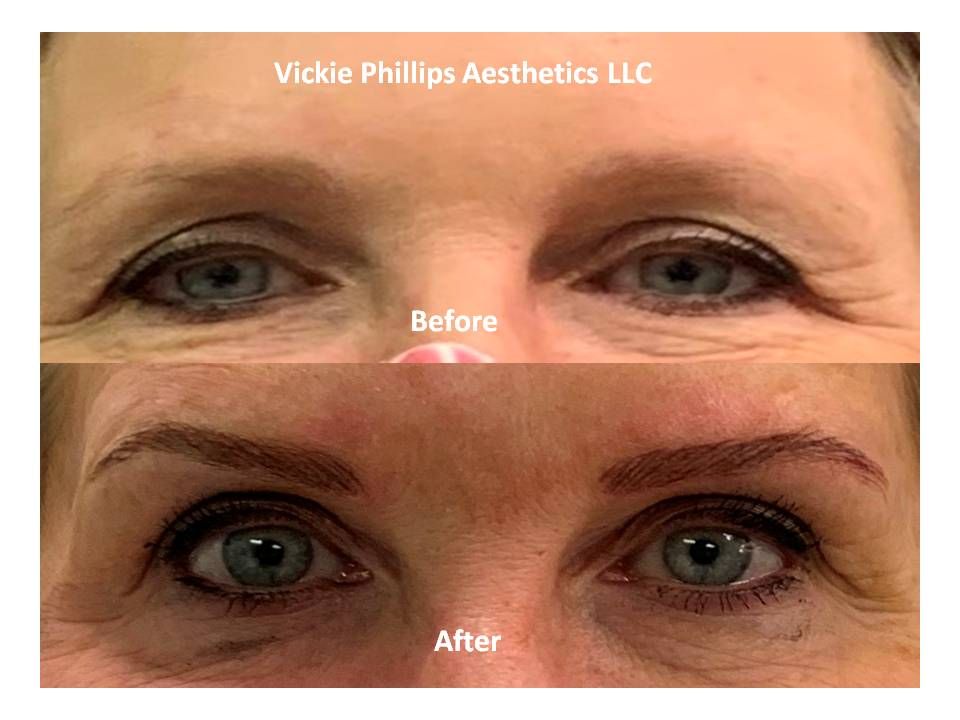 A before and after picture of microblading of a woman 's eyebrows