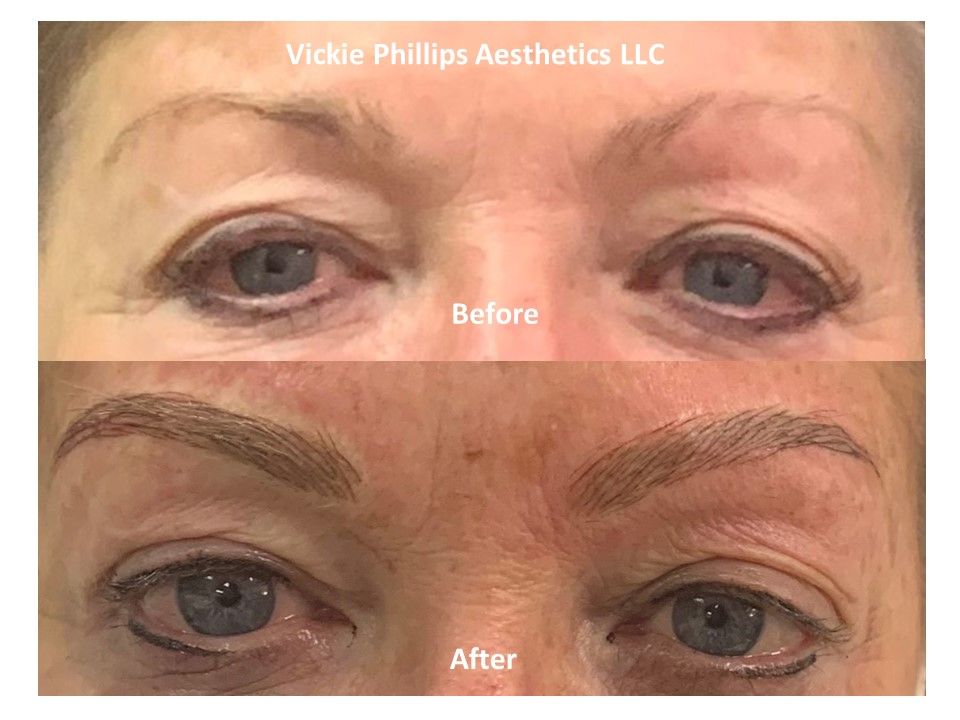 A before and after picture of microblading of a woman 's eyebrows